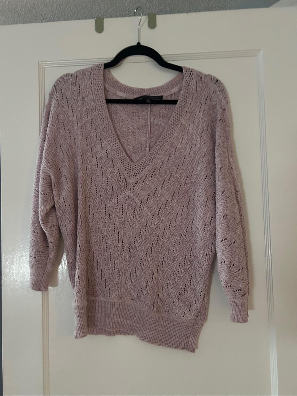 White House Black Market Dusty Mauve Open-Knit V-Neck Sweater